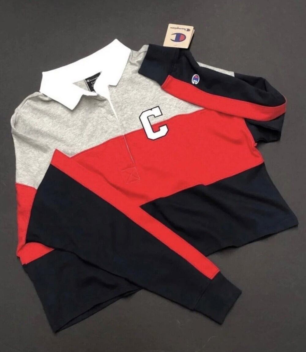 Champion Rugby Crop Top Polo Shirt Collar Womens Size L Colorblock Red Blue